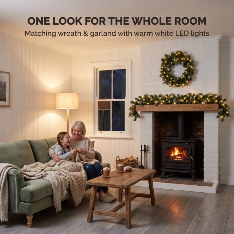 Christabelle Pre-Lit Bayville Pine Christmas Wreath 61cm or Garland 2.7m with 50 LED Lights, Pine Cones & Timer image 6