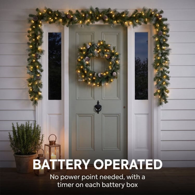 Christabelle Pre-Lit Bayville Pine Christmas Wreath 61cm or Garland 2.7m with 50 LED Lights, Pine Cones & Timer image 10