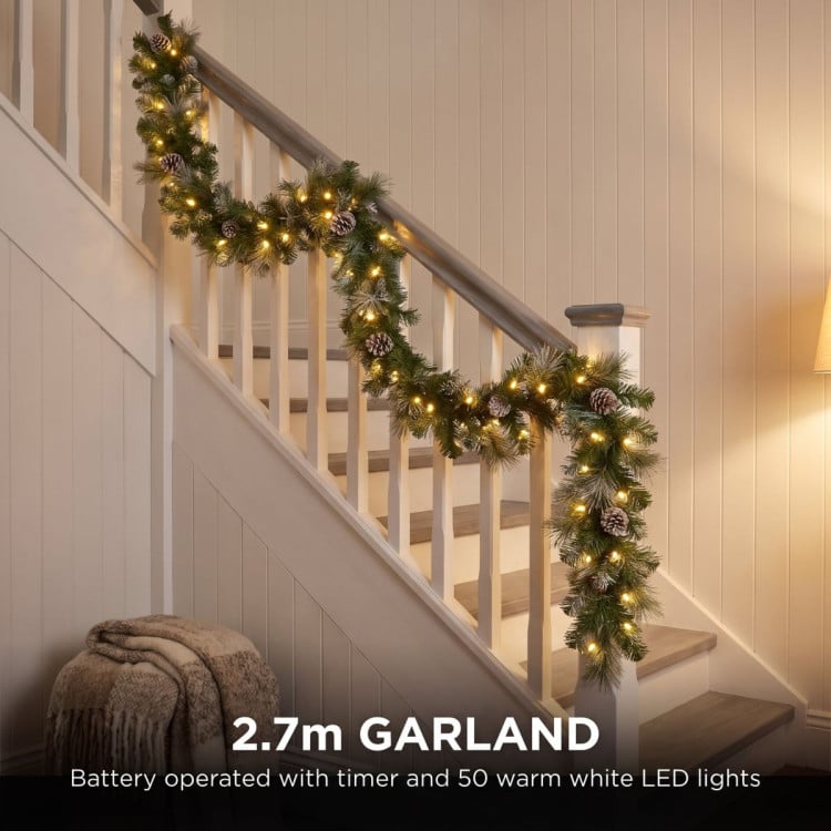 Christabelle Pre-Lit Bayville Pine Christmas Wreath 61cm or Garland 2.7m with 50 LED Lights, Pine Cones & Timer image 11