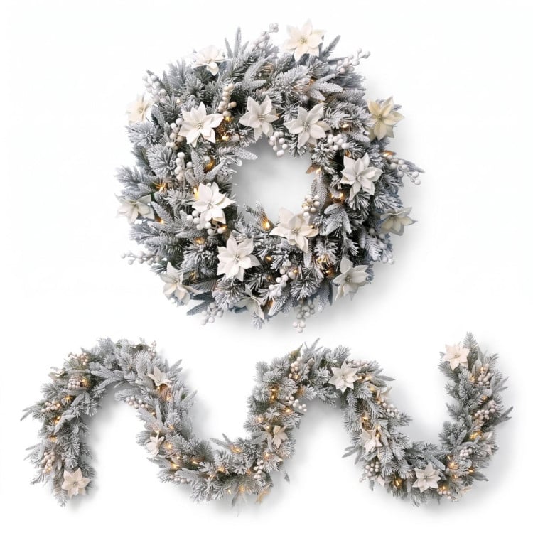 Christabelle Pre-Lit Frosted Colonial Christmas 2pc Set 61cm Wreath and Garland with LED Lights Holiday Decor