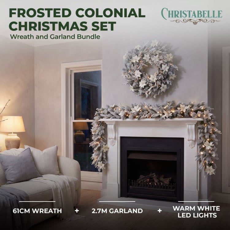 Christabelle Pre-Lit Frosted Colonial Christmas 2pc Set 61cm Wreath and Garland with LED Lights Holiday Decor image 3