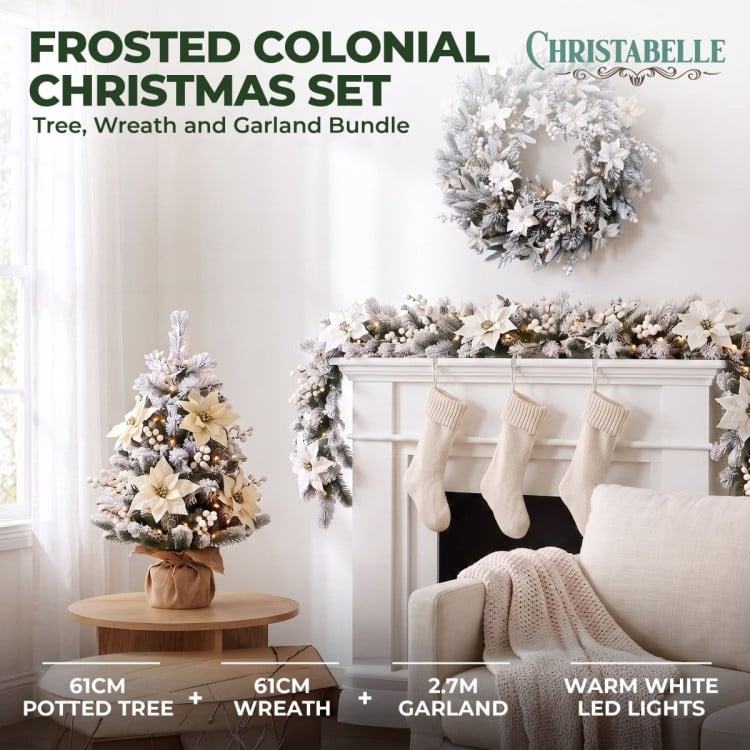Christabelle Frosted Colonial Christmas 3pc Set 61cm Tree 61cm Wreath 2.7m Garland with LED Lights Holiday Pre-lit Decor image 3