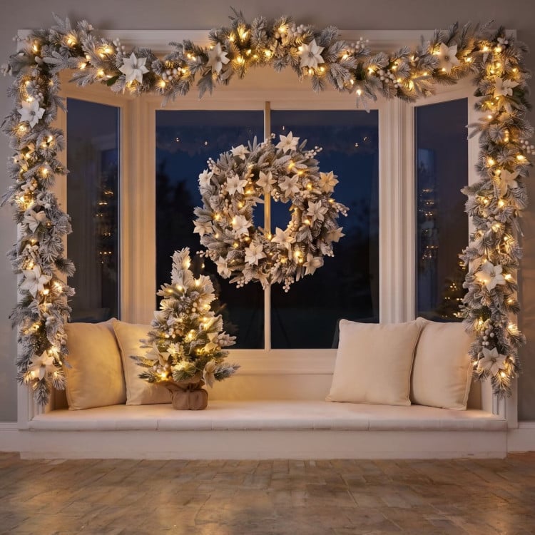 Christabelle Frosted Colonial Christmas 3pc Set 61cm Tree 61cm Wreath 2.7m Garland with LED Lights Holiday Pre-lit Decor image 8