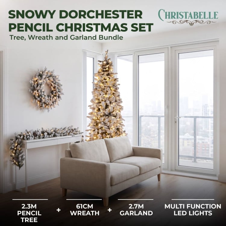 Christabelle Snowy Dorchester Pencil 7.5ft Pre-lit Tree 61cm Wreath 2.7m Garland with LED Lights Holiday Home Decoration image 3