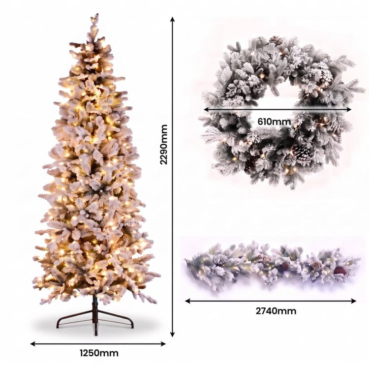 Christabelle Snowy Dorchester Pencil 7.5ft Pre-lit Tree 61cm Wreath 2.7m Garland with LED Lights Holiday Home Decoration image 7