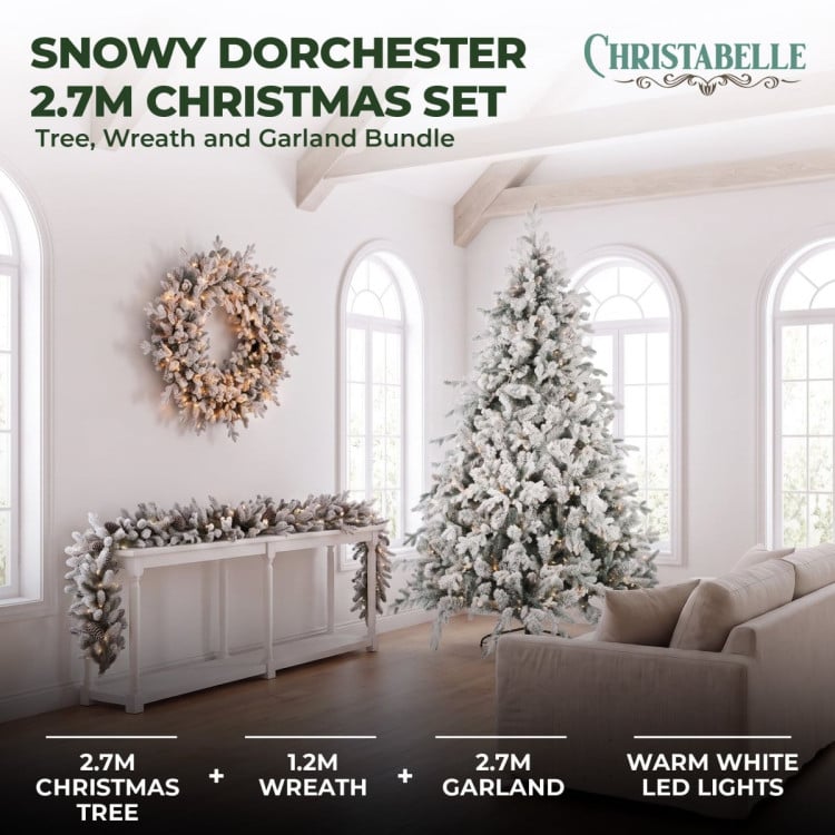 Christabelle Snowy Dorchester Pre-Lit Christmas Tree 9ft 2.7m, Flocked LED Wreath 1.2m or Garland with Pine Cones image 3