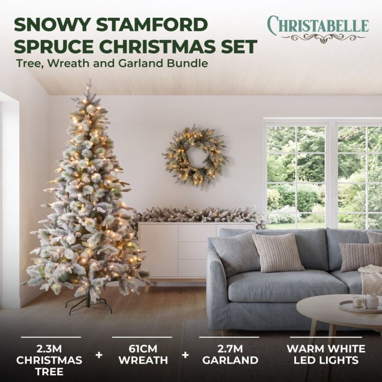 Christabelle Snowy Stamford Spruce 2.3m 7.5ft Tree 61cm Wreath Snowy Stamford 2.7m Christmas Garland Snowy with LED image 3