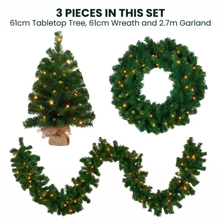 Christabelle Chadwick Green Christmas 3pc Set 61cm Tabletop Tree 61cm Wreath 2.7m Garland with LED Light image 5