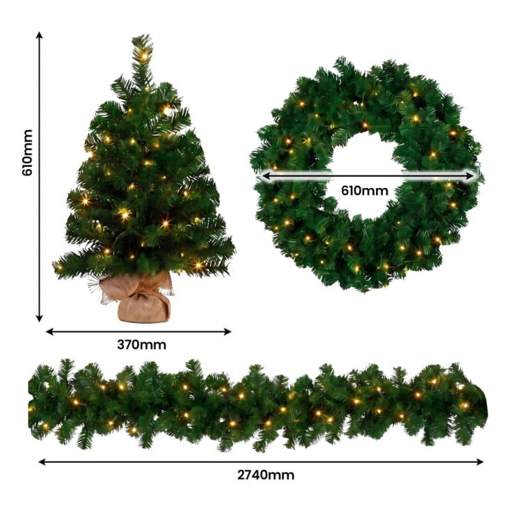 Christabelle Chadwick Green Christmas 3pc Set 61cm Tabletop Tree 61cm Wreath 2.7m Garland with LED Light image 4