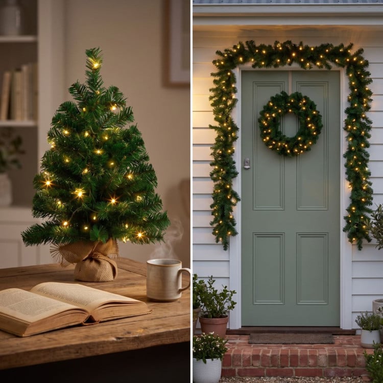 Christabelle Chadwick Green Christmas 3pc Set 61cm Tabletop Tree 61cm Wreath 2.7m Garland with LED Light image 12