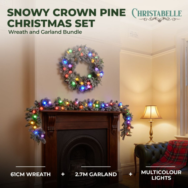 Christabelle Snowy Crown Pine Christmas 2pc Set 6cm Christmas Wreath and Garland with LED Lights Holiday Decor image 3