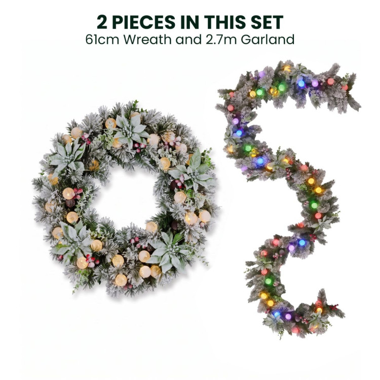 Christabelle Snowy Crown Pine Christmas 2pc Set 6cm Christmas Wreath and Garland with LED Lights Holiday Decor image 13