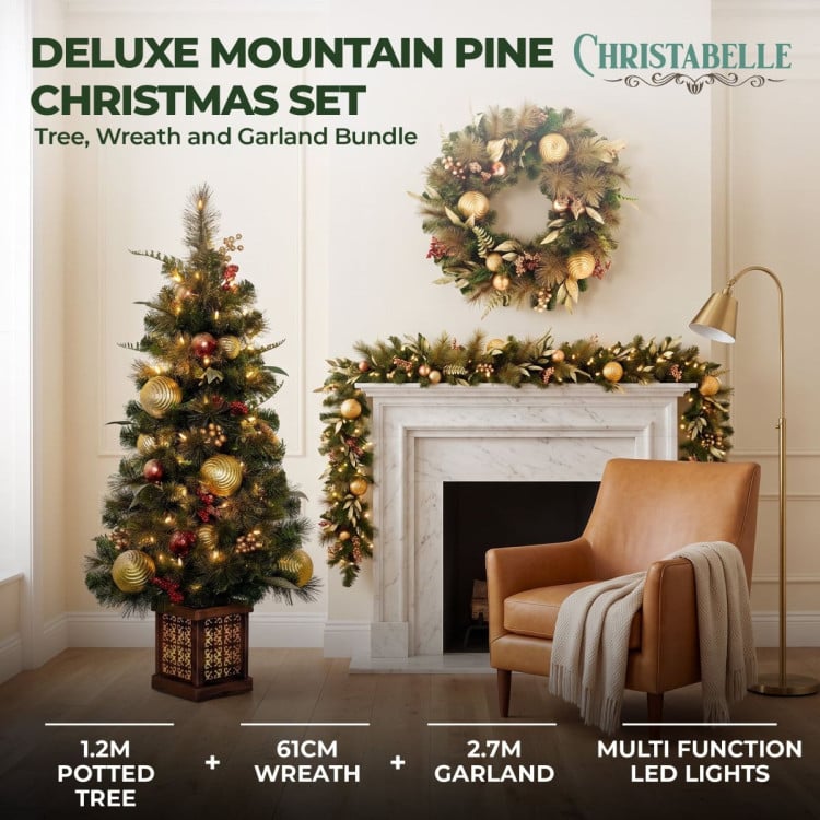 Christabelle Deluxe Mountain Pine Christmas 3pc Set 1.2m Potted Tree Wreath and Garland with LED Lights Holiday Decor image 3
