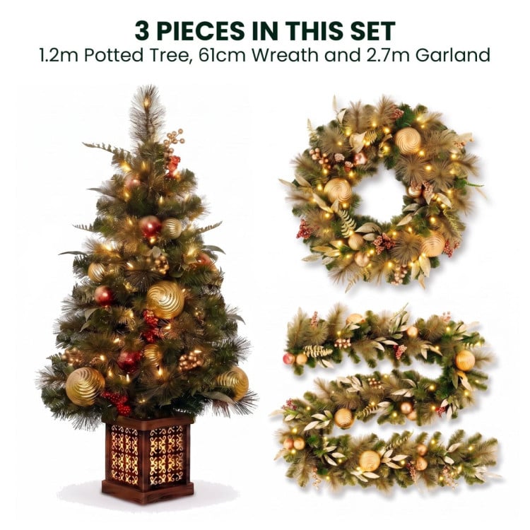 Christabelle Deluxe Mountain Pine Christmas 3pc Set 1.2m Potted Tree Wreath and Garland with LED Lights Holiday Decor image 5