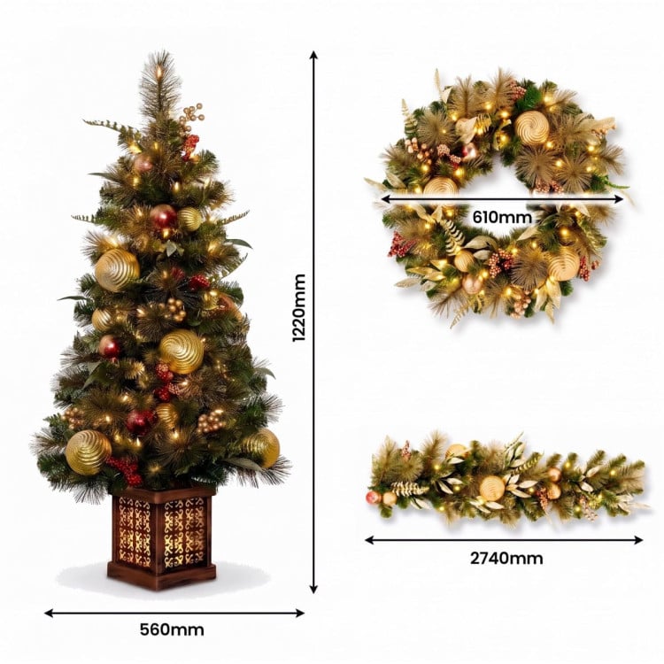 Christabelle Deluxe Mountain Pine Christmas 3pc Set 1.2m Potted Tree Wreath and Garland with LED Lights Holiday Decor image 4