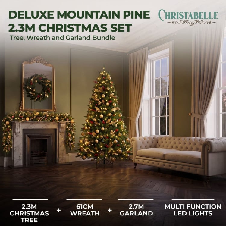 Christabelle Deluxe Mountain Pine 3pc Set 7.5ft Pre-lit Tree 61cm Wreath 2.74m Garland LED Lights Holiday Home Decor image 3