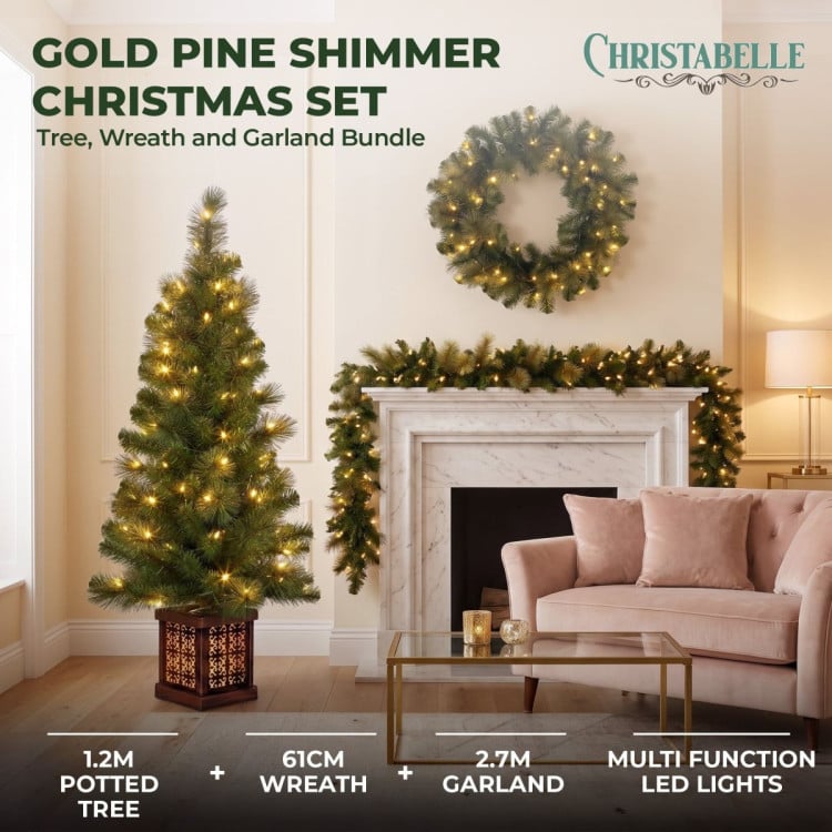 Christabelle Gold Pine Shimmer Christmas 3pc Set 1.2m Potted Christmas Tree Wreath and Garland with LED Lights Holiday Decor image 3