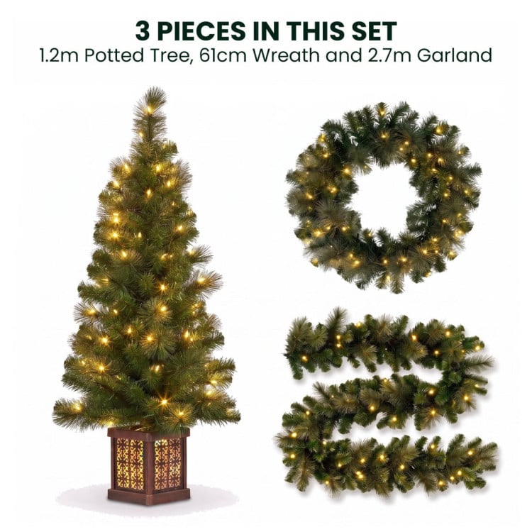 Christabelle Gold Pine Shimmer Christmas 3pc Set 1.2m Potted Christmas Tree Wreath and Garland with LED Lights Holiday Decor image 5