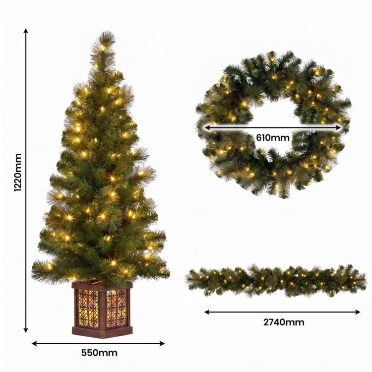 Christabelle Gold Pine Shimmer Christmas 3pc Set 1.2m Potted Christmas Tree Wreath and Garland with LED Lights Holiday Decor image 4