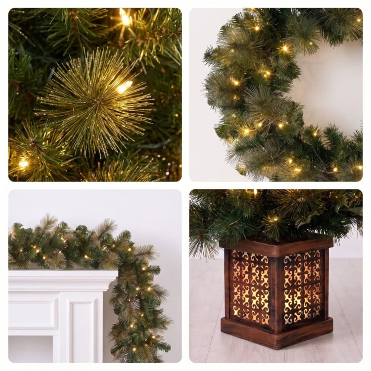 Christabelle Gold Pine Shimmer Christmas 3pc Set 1.2m Potted Christmas Tree Wreath and Garland with LED Lights Holiday Decor image 6