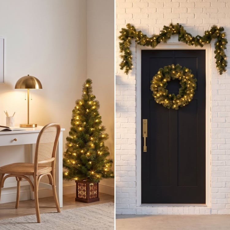 Christabelle Gold Pine Shimmer Christmas 3pc Set 1.2m Potted Christmas Tree Wreath and Garland with LED Lights Holiday Decor image 10