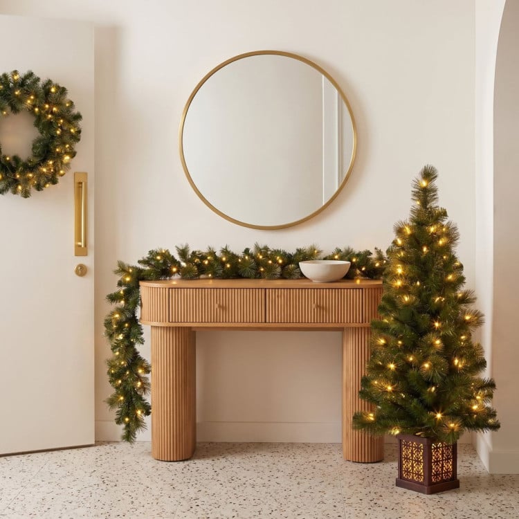 Christabelle Gold Pine Shimmer Christmas 3pc Set 1.2m Potted Christmas Tree Wreath and Garland with LED Lights Holiday Decor image 13