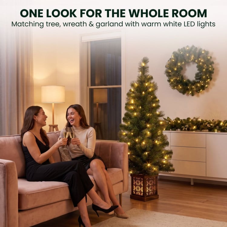 Christabelle Gold Pine Shimmer Christmas 3pc Set 1.2m Potted Christmas Tree Wreath and Garland with LED Lights Holiday Decor image 11