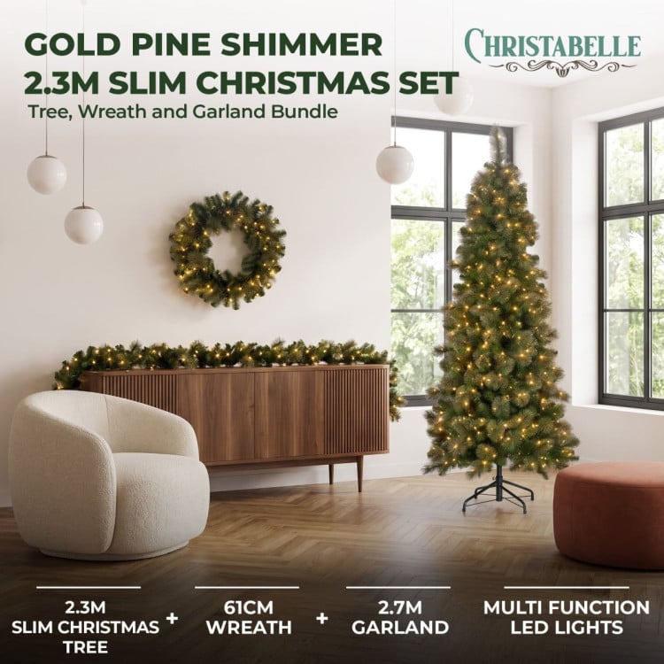 Christabelle Gold Pine Shimmer Slim Christmas 3pc Set 2.3m Christmas Tree Wreath and Garland with LED Lights Holiday Decor image 3