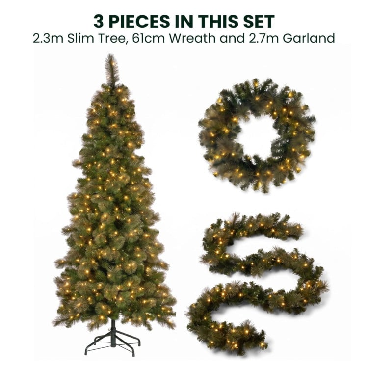 Christabelle Gold Pine Shimmer Slim Christmas 3pc Set 2.3m Christmas Tree Wreath and Garland with LED Lights Holiday Decor image 16