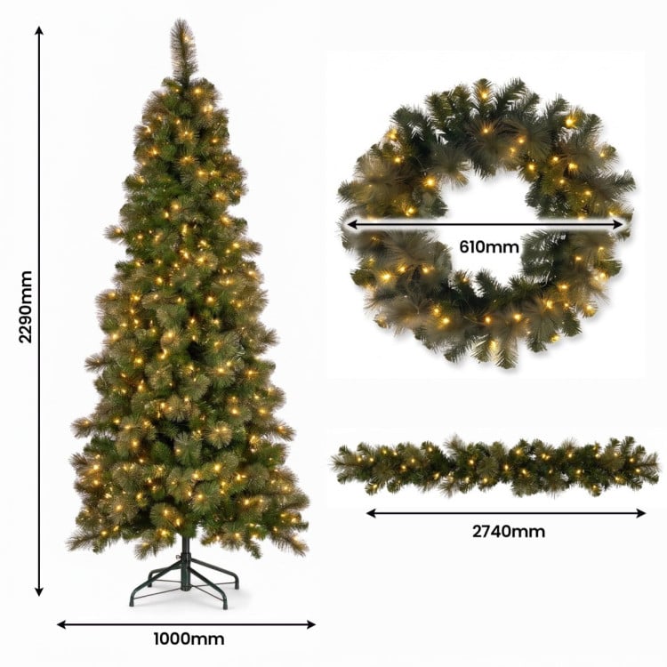 Christabelle Gold Pine Shimmer Slim Christmas 3pc Set 2.3m Christmas Tree Wreath and Garland with LED Lights Holiday Decor image 4