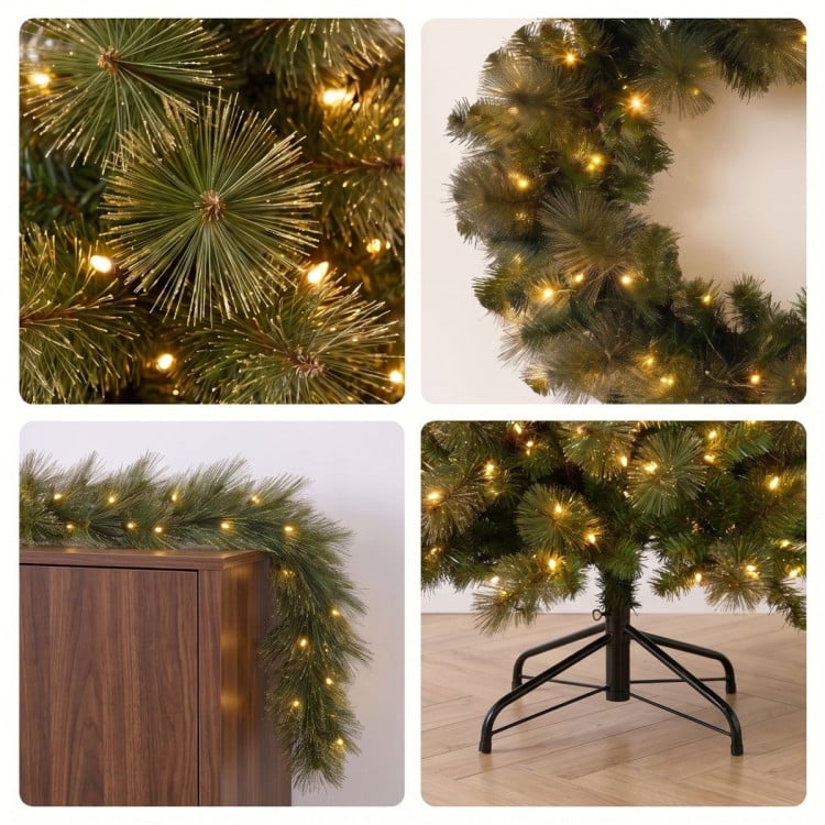 Christabelle Gold Pine Shimmer Slim Christmas 3pc Set 2.3m Christmas Tree Wreath and Garland with LED Lights Holiday Decor image 8