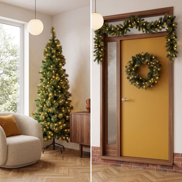 Christabelle Gold Pine Shimmer Slim Christmas 3pc Set 2.3m Christmas Tree Wreath and Garland with LED Lights Holiday Decor image 9
