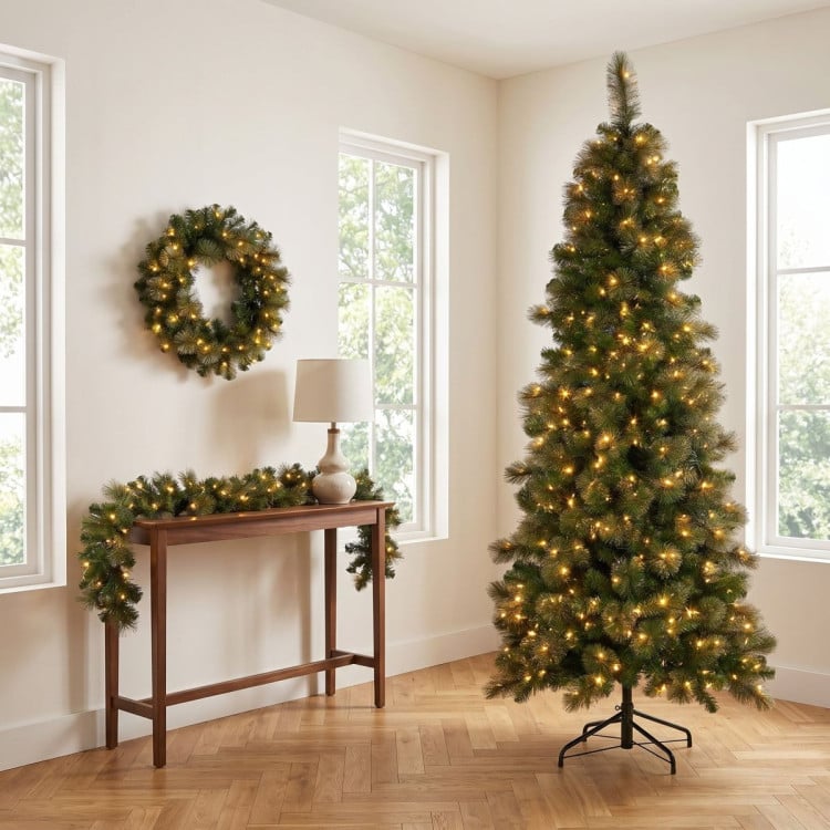Christabelle Gold Pine Shimmer Slim Christmas 3pc Set 2.3m Christmas Tree Wreath and Garland with LED Lights Holiday Decor image 10