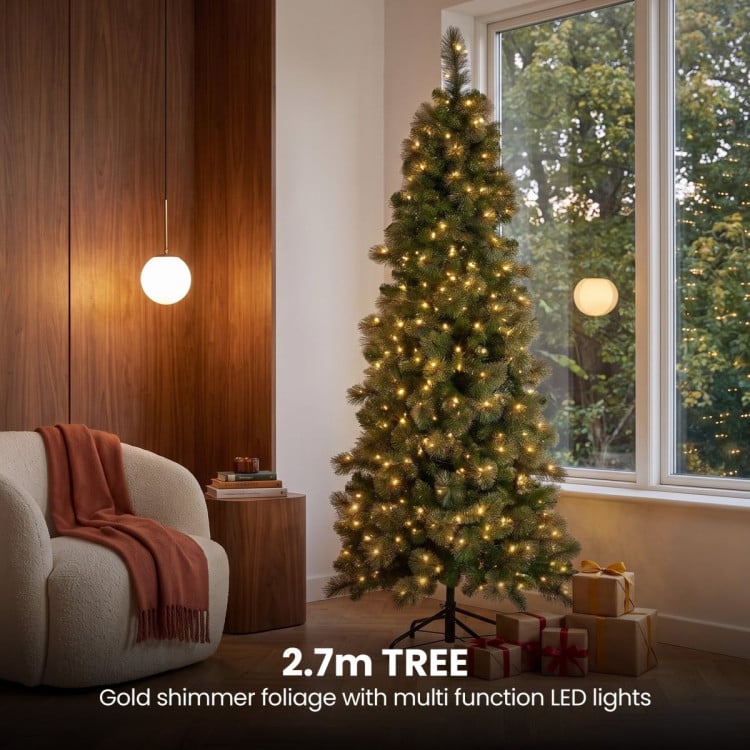 Christabelle Gold Pine Shimmer Slim Christmas 3pc Set 2.3m Christmas Tree Wreath and Garland with LED Lights Holiday Decor image 13