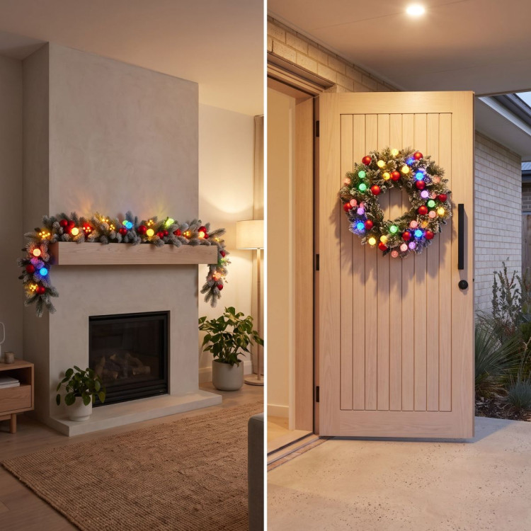 Christabelle Snowy Bristle Christmas 2pc Set 61cm Christmas Wreath and Garland with LED Lights Holiday Decor image 8