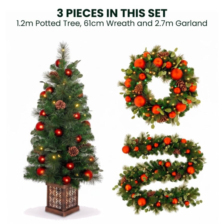 Christabelle Sable Fir Christmas 3pc Set 1.2m Potted Tree 61cm Wreath 2.74m Garland with Multicoloured LED Lights Decor image 5