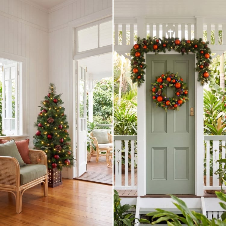Christabelle Sable Fir Christmas 3pc Set 1.2m Potted Tree 61cm Wreath 2.74m Garland with Multicoloured LED Lights Decor image 7