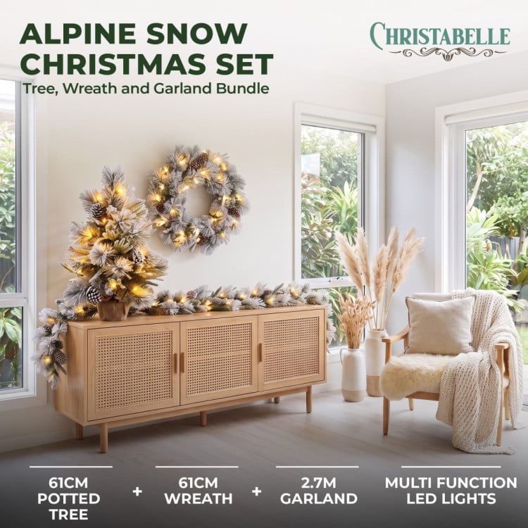 Christabelle 2ft Alpine Snow Potted Tree 61cm Alpine Snow Wreath 2.74m Alpine Snow Garland Pre-lit Holiday Decoration image 3