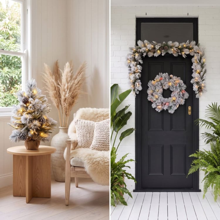 Christabelle 2ft Alpine Snow Potted Tree 61cm Alpine Snow Wreath 2.74m Alpine Snow Garland Pre-lit Holiday Decoration image 9