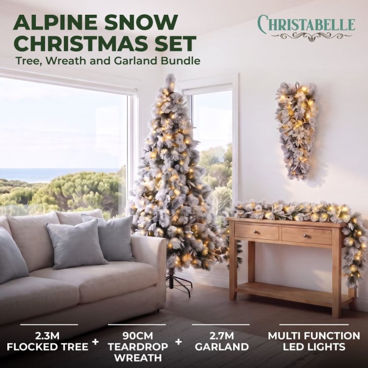 Christabelle Alpine Snow Christmas 3pc Set 2.3m Christmas Tree Garland and Teardrop with LED Lights Holiday Decor image 3
