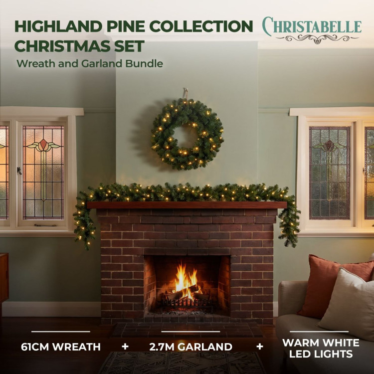 Christabelle Pre-Lit Highland Pine Wreath 61cm and Garland 2.74m Warm White LED Battery Timer Decoration image 3