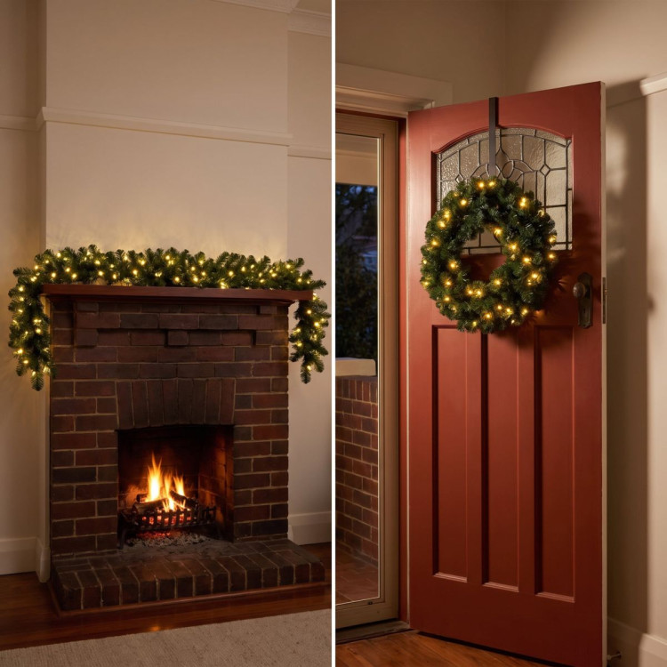 Christabelle Pre-Lit Highland Pine Wreath 61cm and Garland 2.74m Warm White LED Battery Timer Decoration image 8