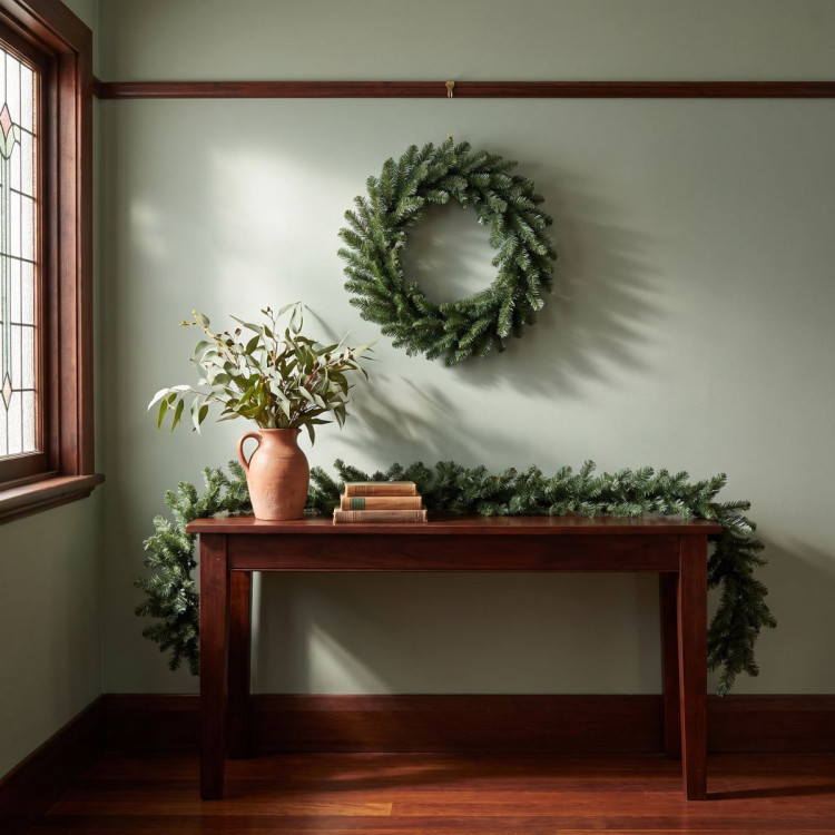 Christabelle Pre-Lit Highland Pine Wreath 61cm and Garland 2.74m Warm White LED Battery Timer Decoration image 9