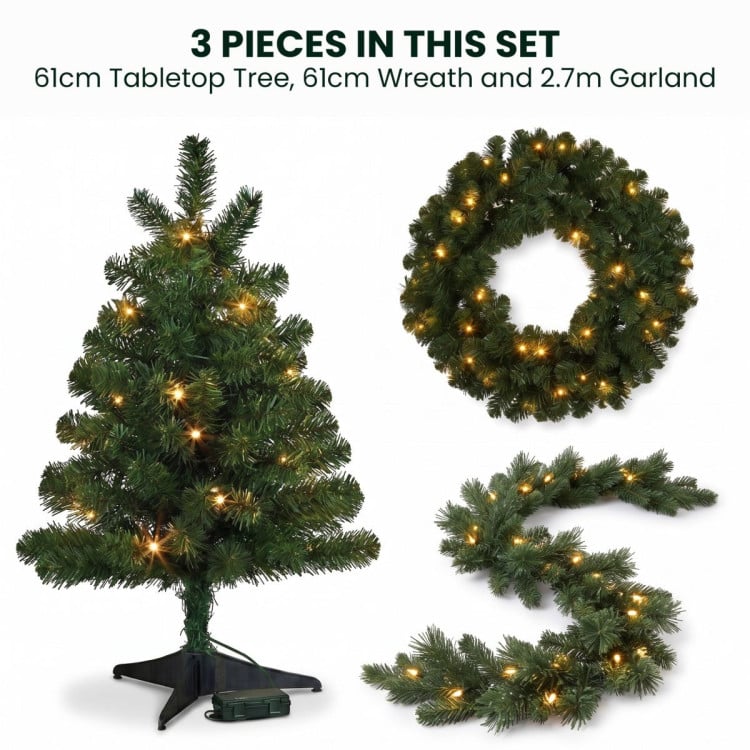 Christabelle Highland Pine Christmas 3pc Set 61cm Tabletop Tree Wreath and Garland with LED Lights Holiday Decor image 5