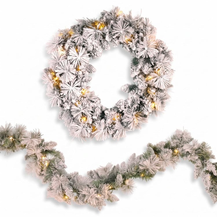 Christabelle Snowy Dorset Pine Christmas 2pc Set 61cm Christmas Wreath and Garland with LED Lights Holiday Decor