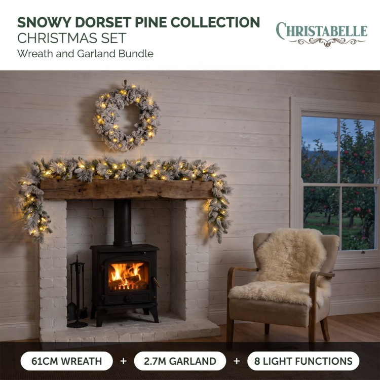 Christabelle Snowy Dorset Pine Christmas 2pc Set 61cm Christmas Wreath and Garland with LED Lights Holiday Decor image 3