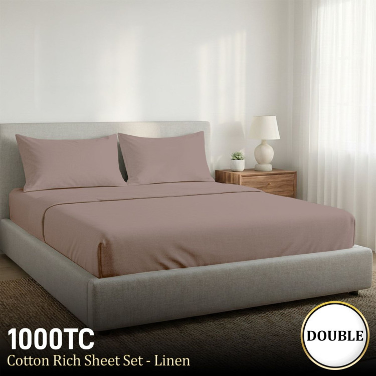 1000 Thread Count Cotton Rich Linen Double Bed Sheet Set 4 Piece, Soft Feel Microfibre Blend, Solid Colour image 10