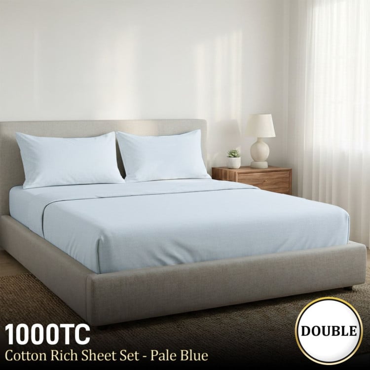 1000 Thread Count Cotton Rich Pale Blue Double Bed Sheet Set 4 Piece, Soft Feel Microfibre Blend, Solid Colour image 10