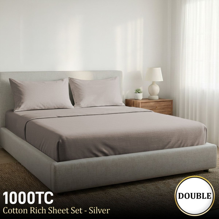 1000 Thread Count Cotton Rich Silver Double Bed Sheet Set 4 Piece, Soft Feel Microfibre Blend, Solid Colour image 10