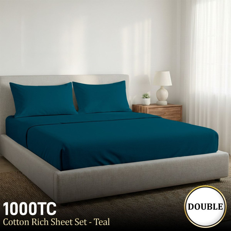 1000 Thread Count Cotton Rich Teal Double Bed Sheet Set 4 Piece, Soft Feel Microfibre Blend, Solid Colour image 9
